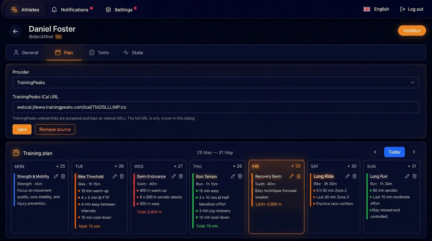 EnduraRadar coach dashboard preview — athlete training plan with weekly view